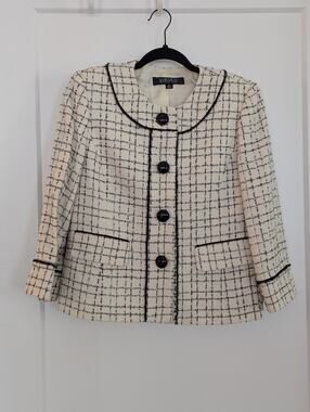Kasper Tweed Plaid Jacket Blazer 6 Ivory Black Trim Collarless Chanel Style